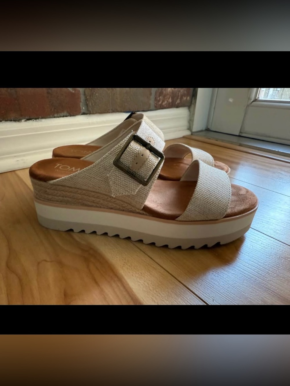 Toms Beige Textured Buckle Platform Sandals